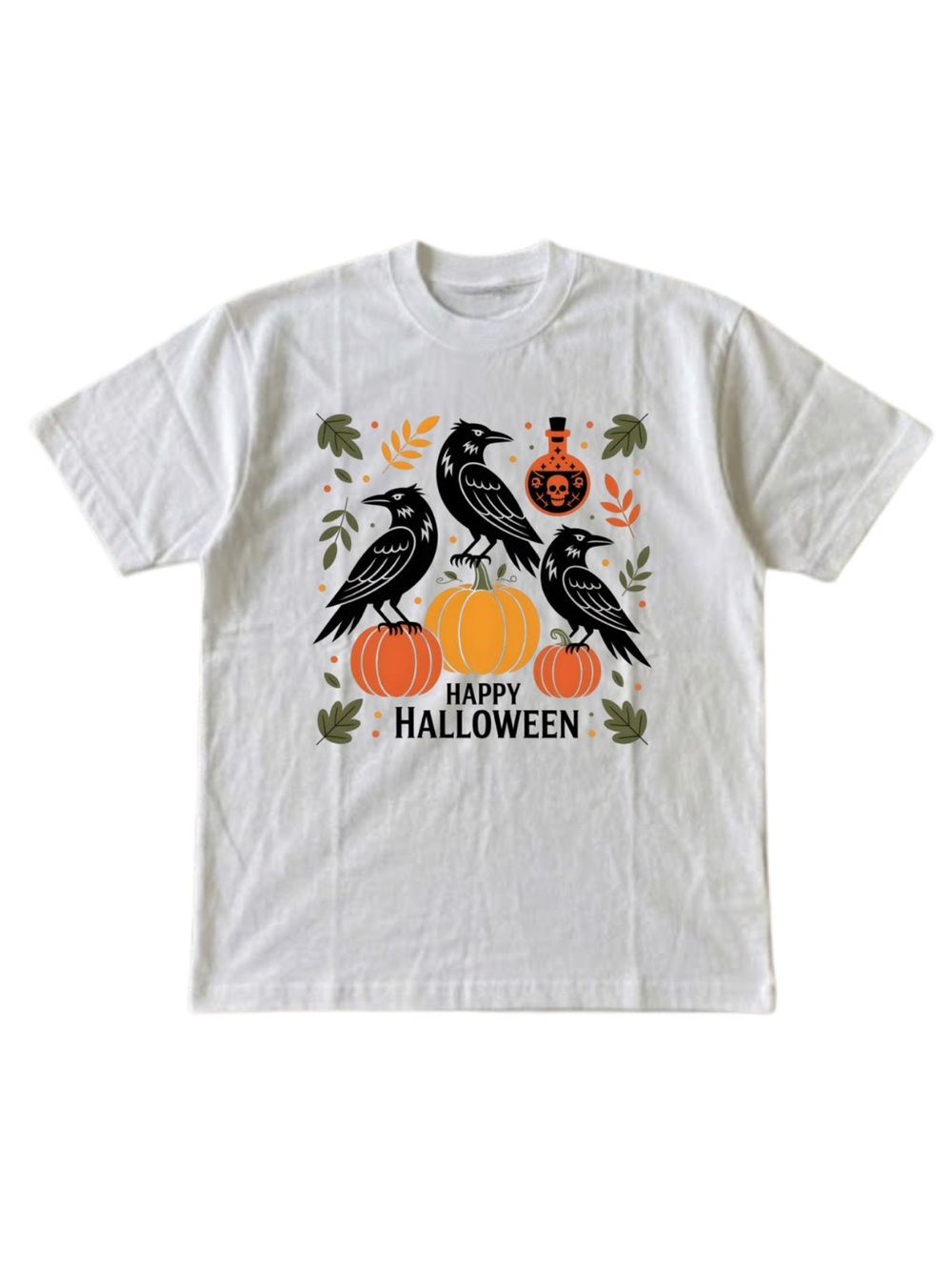 Gildan Happy Halloween White T-Shirt with Pumpkins & Crows